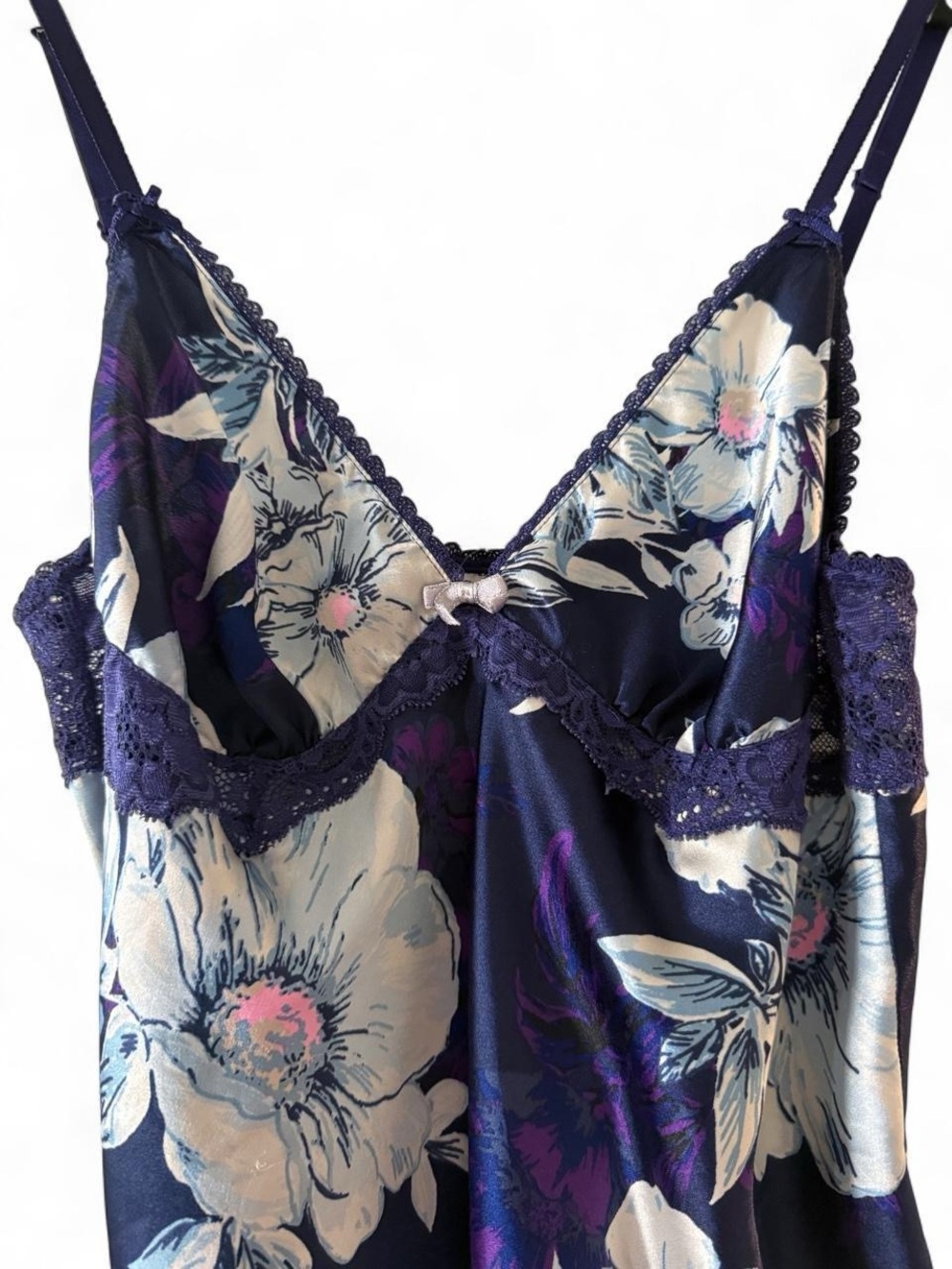 Victoria's Secret Navy Floral Satin Chemise with Purple Lace